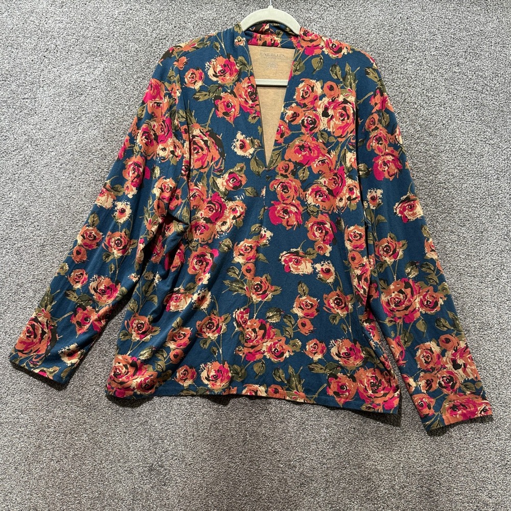Talbots Blouse Top Women 2X Dark Floral V Neck Autumn Long Sleeve